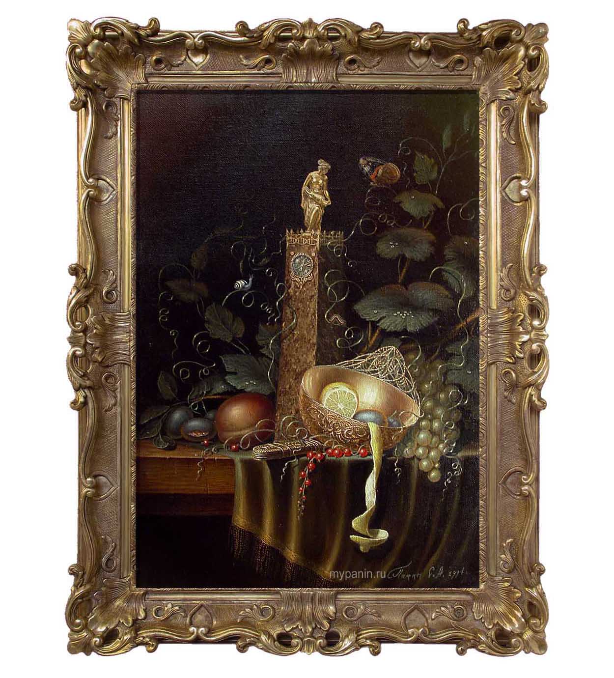 Натюрморт с часами. Антикварная музейная качественная рама. Художник Сергей Панин.