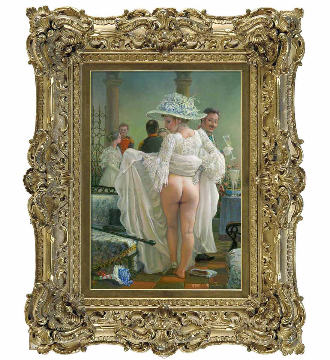 Стриптиз украдкой. Антикварная позолоченная рама. Художник Сергей Панин.