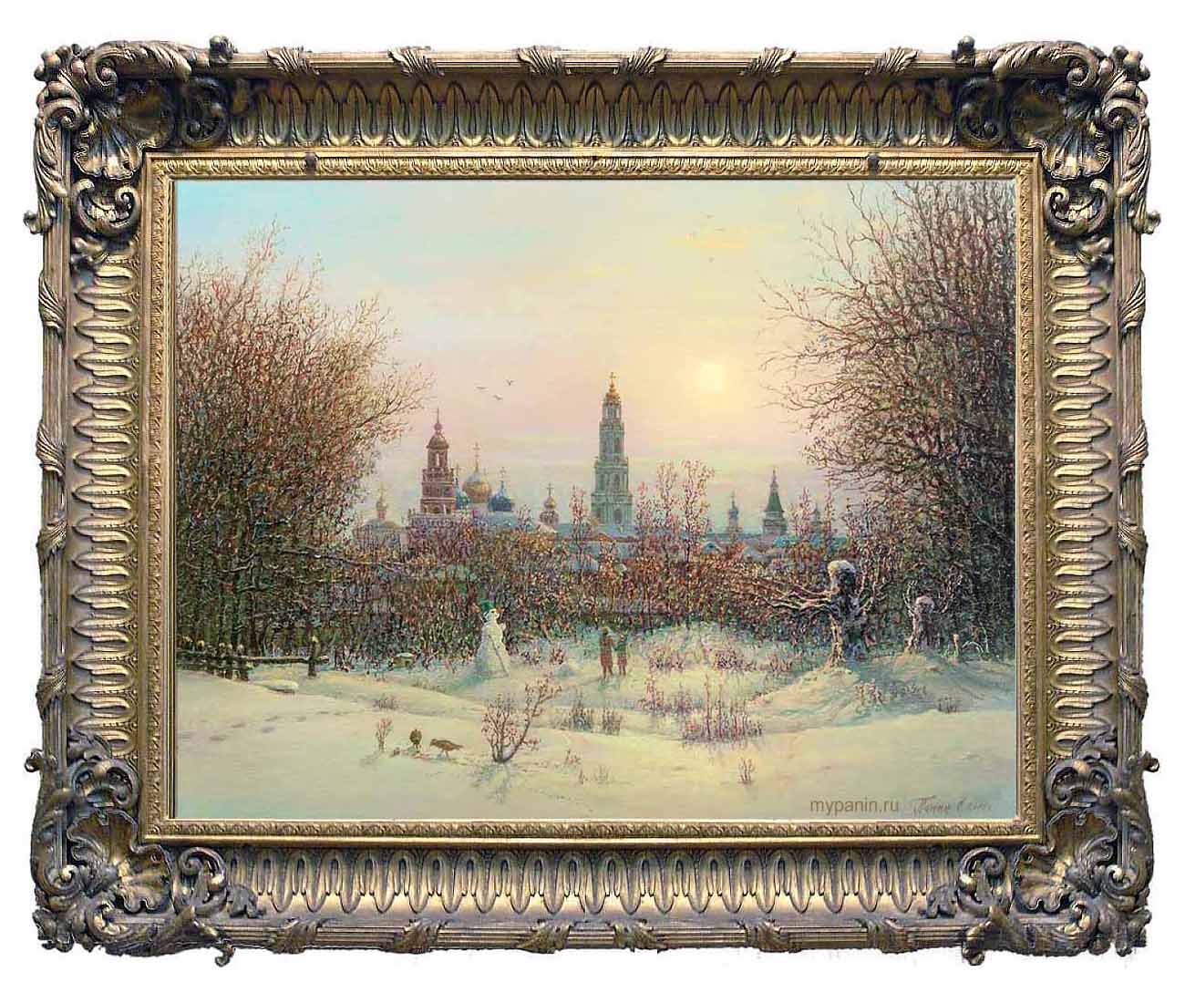 Свято-Троицкая Сергиева Лавра. Антикварная музейная качественная рама покрытая сусальным золотом. Художник Сергей Панин.