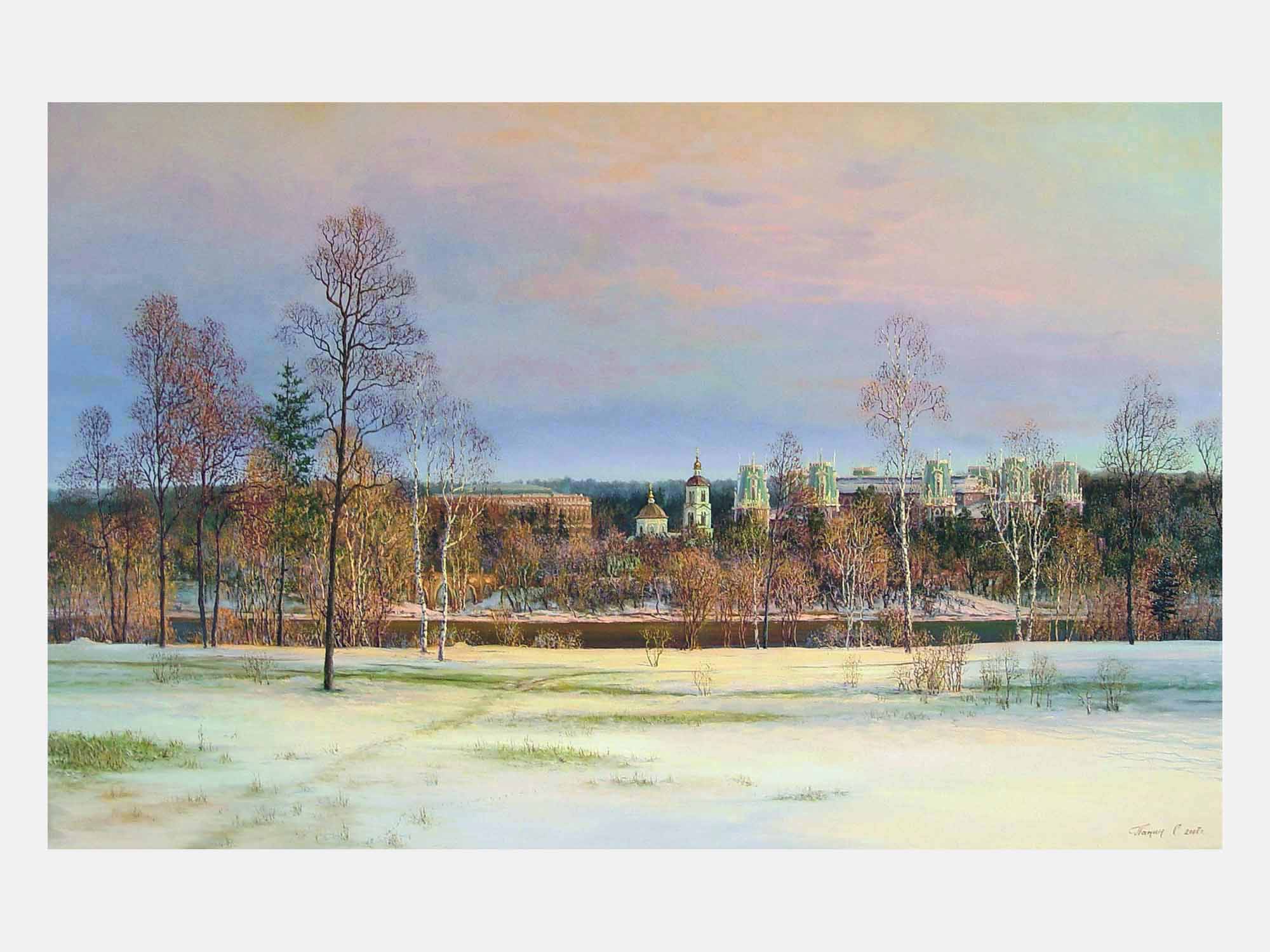 Царицыно. Март. Большой  мост, Хлебный дом, церковь иконы Божией Матери, Большой царицынский дворец. Художник Сергей Панин.